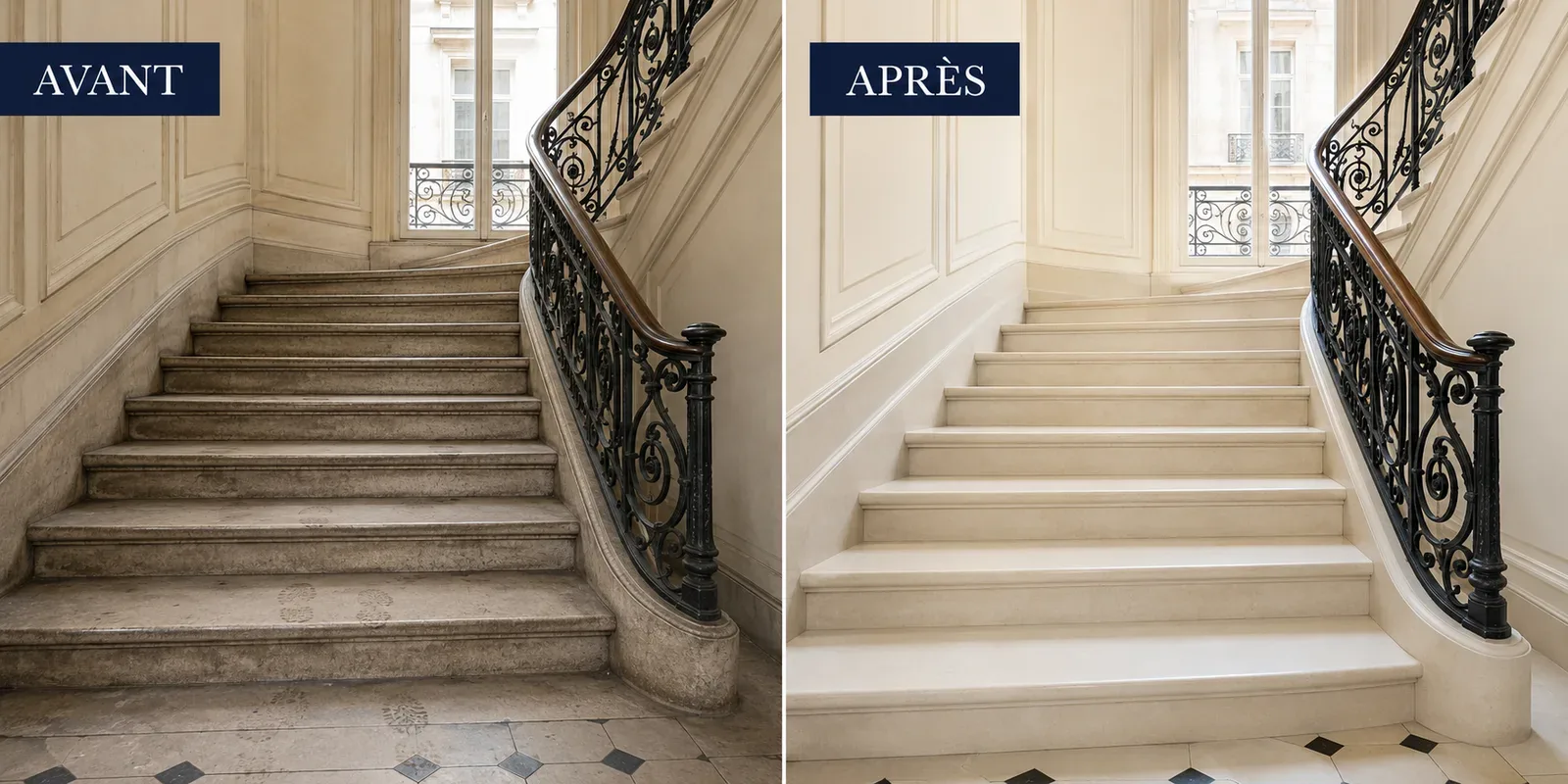 Avant / après : cage d'escalier de résidence à Clichy nettoyée et désinfectée par ALS Services