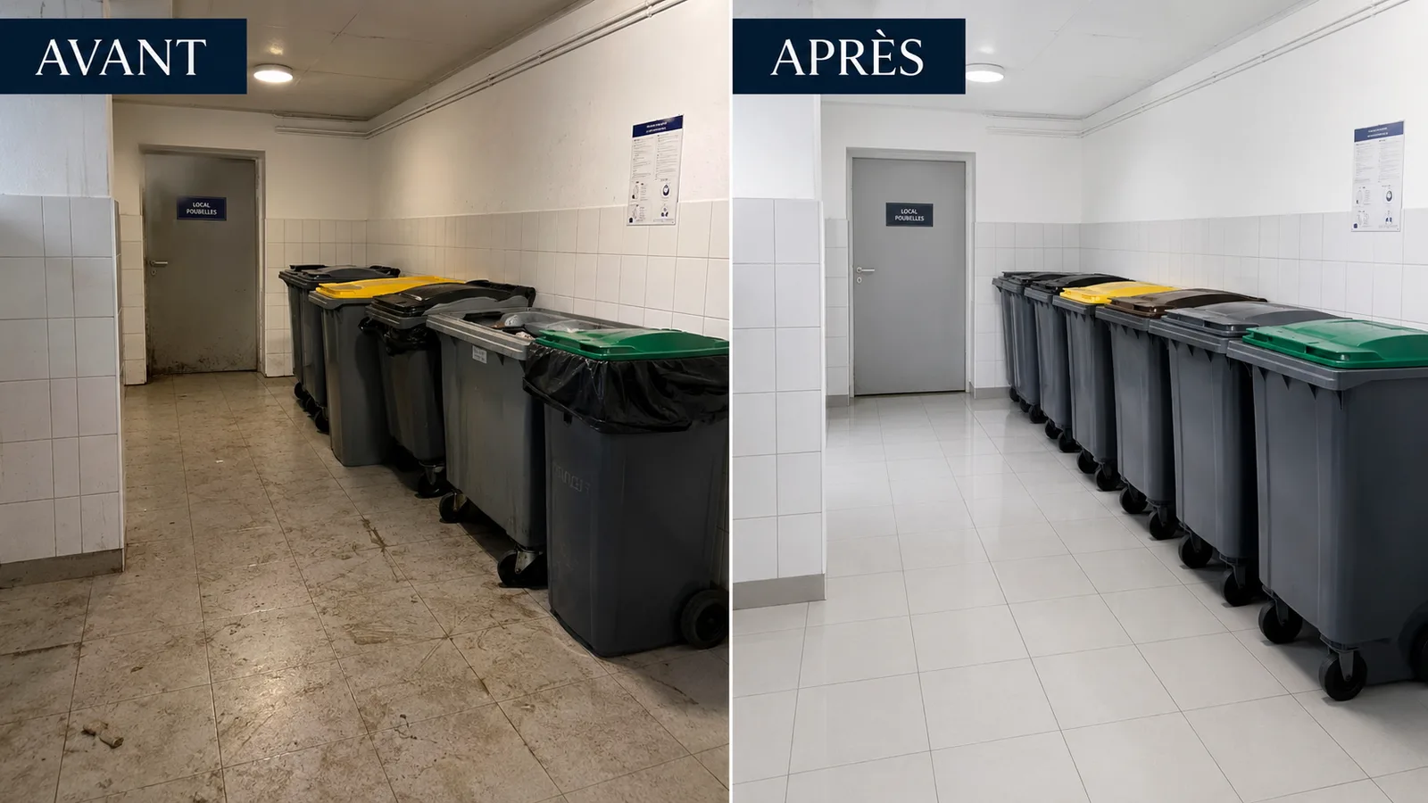 Avant / après : local poubelles saturé d'encombrants vidé, désinfecté et nettoyé par ALS Services en copropriété