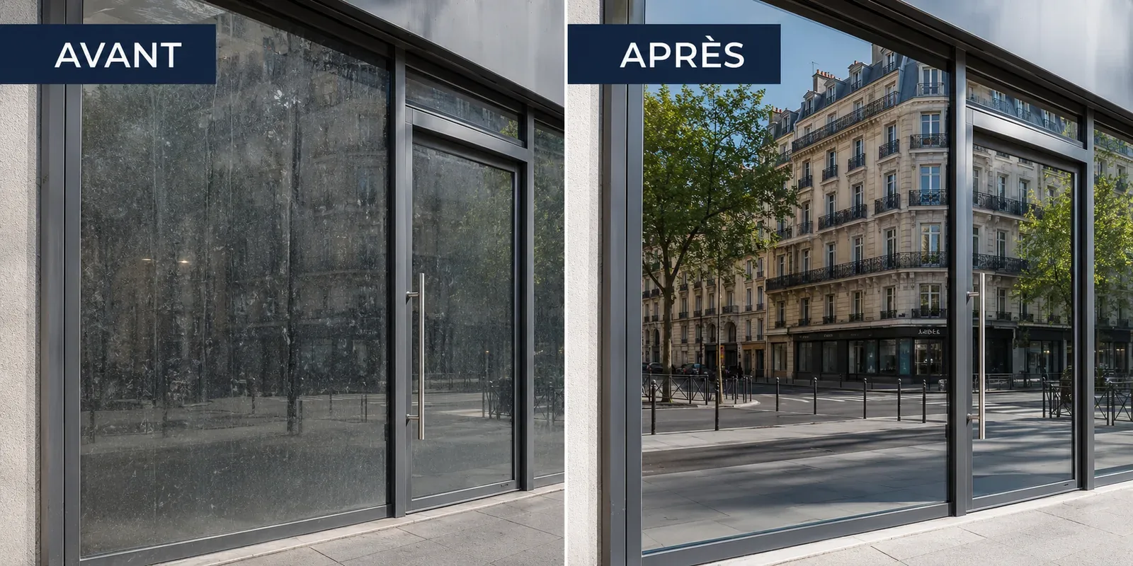 Avant / après : façade vitrée et vitrine d'une boutique parisienne nettoyées et dégraissées par ALS Services