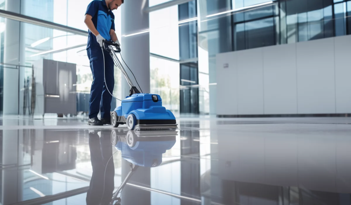 Agent ALS Services nettoyant un grand sol à l'autolaveuse autoportée